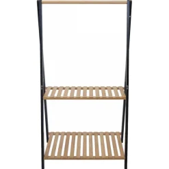 Bambus Standgarderobe MCW-Q32, Garderobenständer Kleiderständer Schuhregal, Stange 2 Ablagen 130x70x44cm ~ natur-schwarz