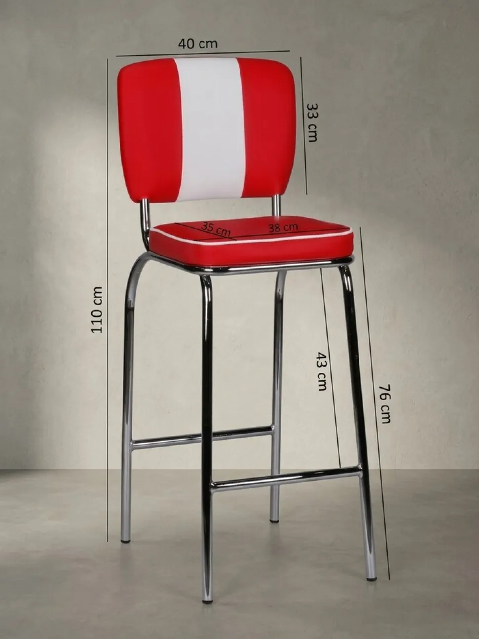 Barhocker Retro 50er Jahre Dinerstil Weiß, Rot 40x38x110 cm
