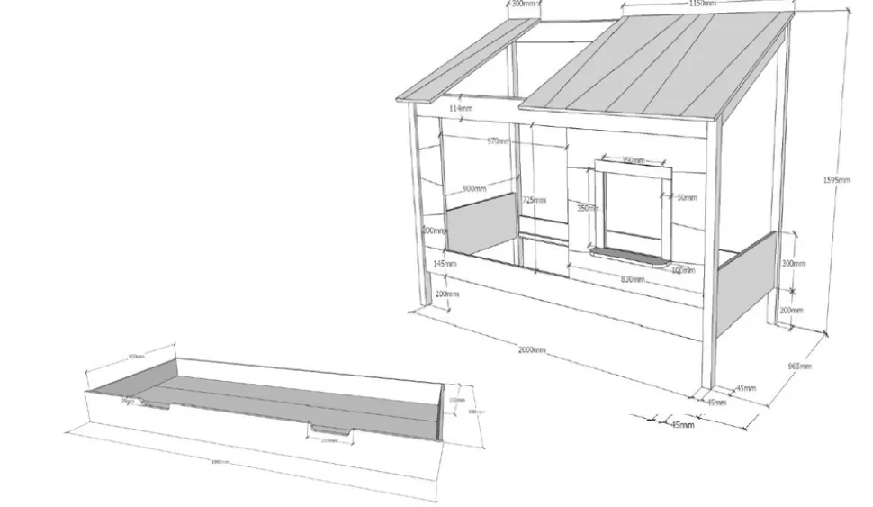 Baumhaus Bett 90 x 200 cm Liegefläche und Bettschublade offenes Dach Weiß lackiert