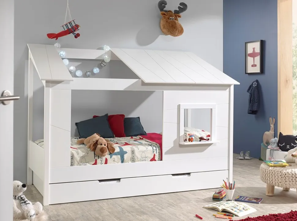 Baumhaus Bett 90 x 200 cm Liegefläche und Bettschublade offenes Dach Weiß lackiert