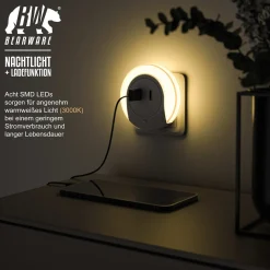 BEARWARE LED Nachtlicht, Warmweiß, Nachtlampe mit USB Ladefunktion, Helligkeits & Dämmerungssensor