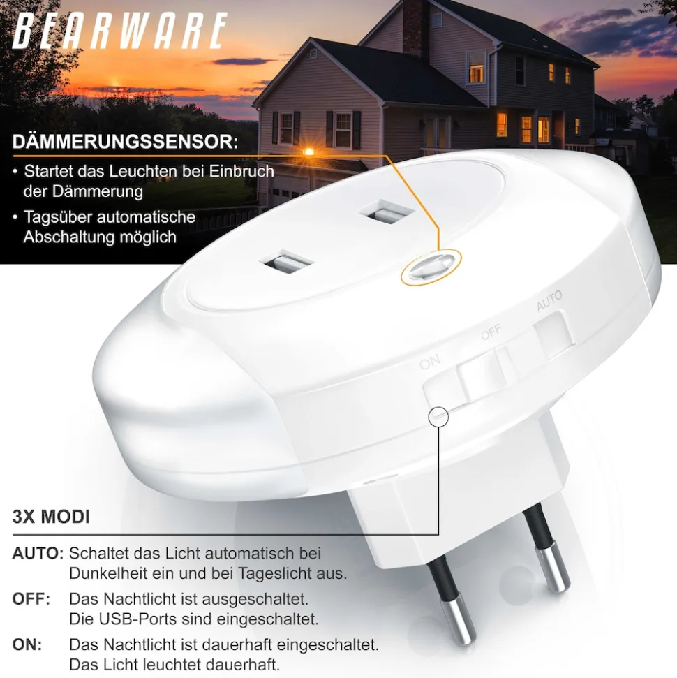BEARWARE LED Nachtlicht, Warmweiß, Nachtlampe mit USB Ladefunktion, Helligkeits & Dämmerungssensor