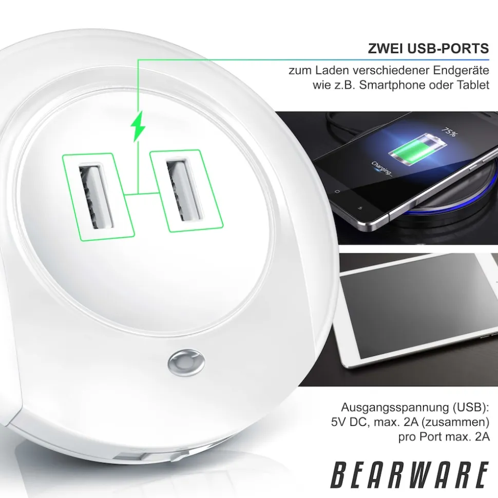 BEARWARE LED Nachtlicht, Warmweiß, Nachtlampe mit USB Ladefunktion, Helligkeits & Dämmerungssensor