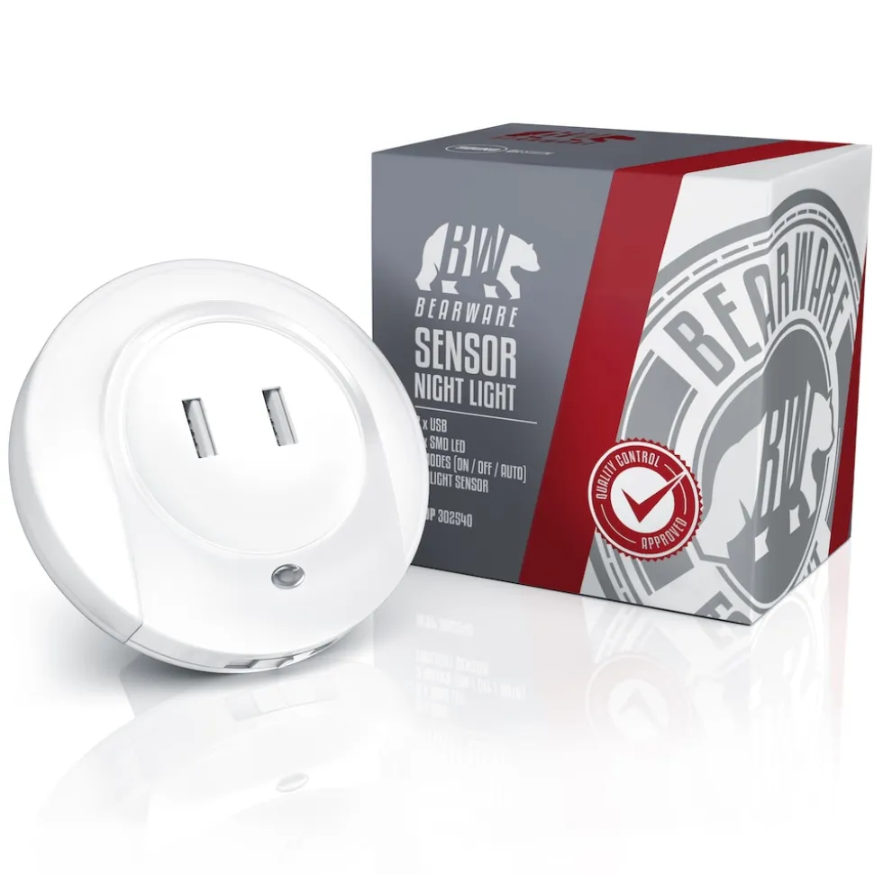 BEARWARE LED Nachtlicht, Warmweiß, Nachtlampe mit USB Ladefunktion, Helligkeits & Dämmerungssensor