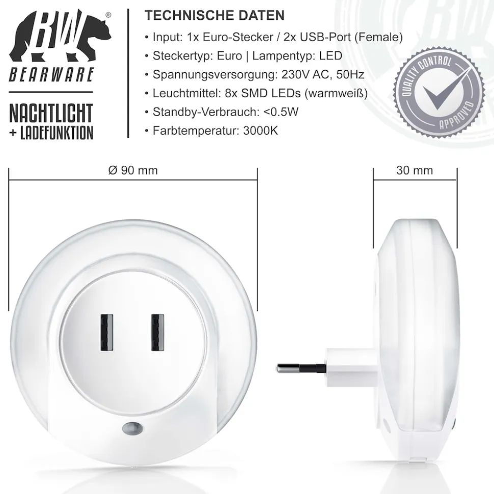 BEARWARE LED Nachtlicht, Warmweiß, Nachtlampe mit USB Ladefunktion, Helligkeits & Dämmerungssensor
