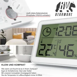 BEARWARE - Thermometer Hygrometer - Temperatur und Luftfeuchtigkeit - Uhrzeit - gut ablesbare LCD-Anzeige - Magnethalter, Aufhängeöse und Standfuß
