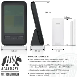 BEARWARE - Wetterstation Funk mit Farbdisplay und Außensensor - DCF Signal - DST - Innen und Außentemperatur - Temperaturwarnung Alarm Frostalarm