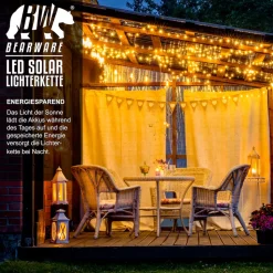 BEARWARE 3x LED-Lichterkette, Solar 10m warmweiß, Innen & Außen, Solarpanel mit Akku, 100 Leds, IP44