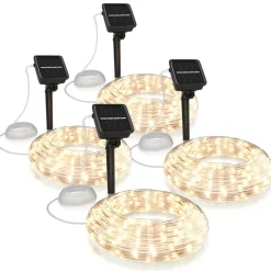 BEARWARE 4x LED-Lichterkette, Solar 10m warmweiß, Innen & Außen, Solarpanel mit Akku, 100 Leds, IP44