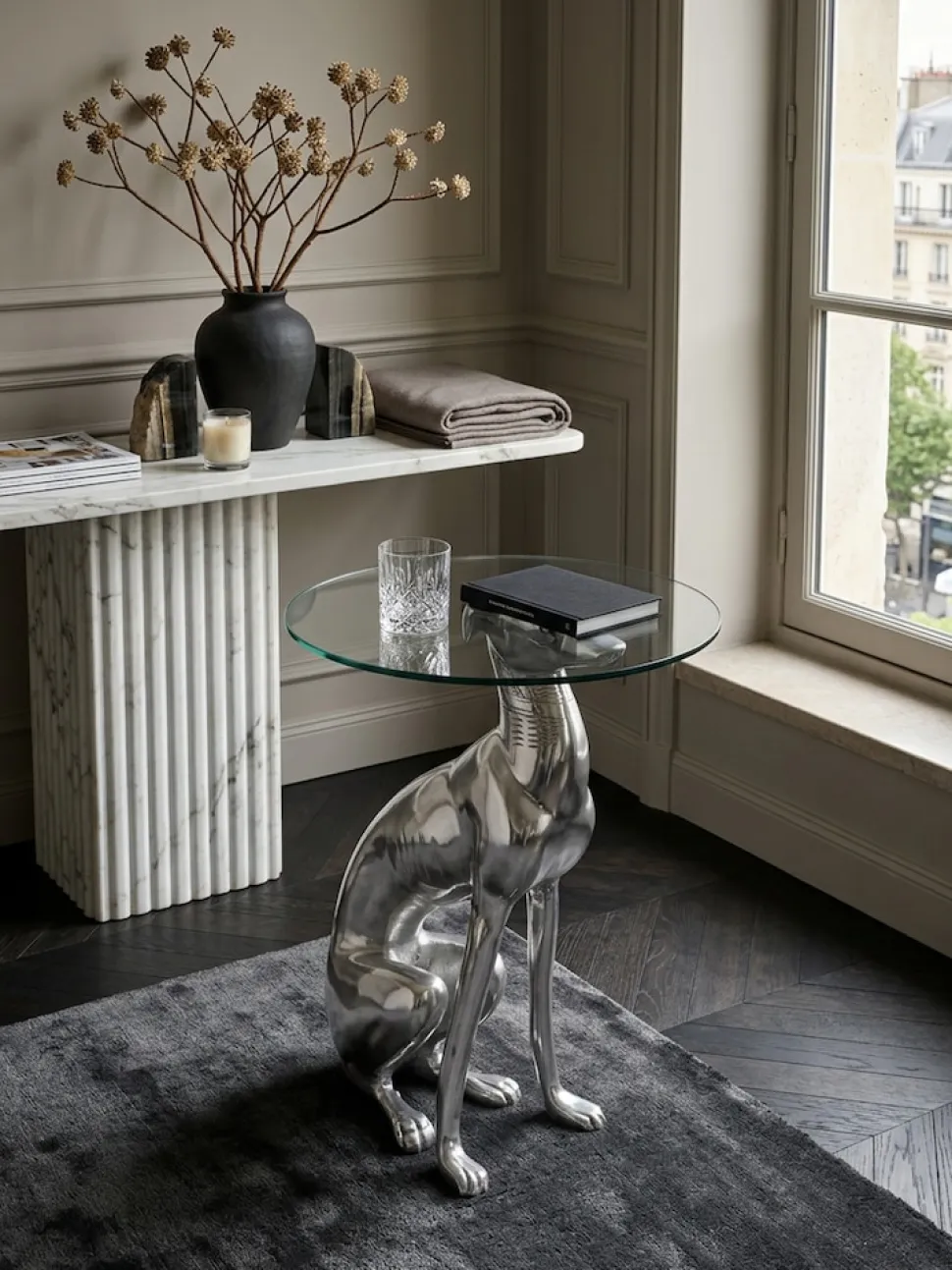 Beistelltisch – Aluminium Silber Figur Hund