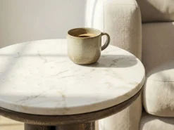 Beistelltisch 36cm mit Marmor Platte weiß Wohnzimmertisch Couchtisch Metall Rund