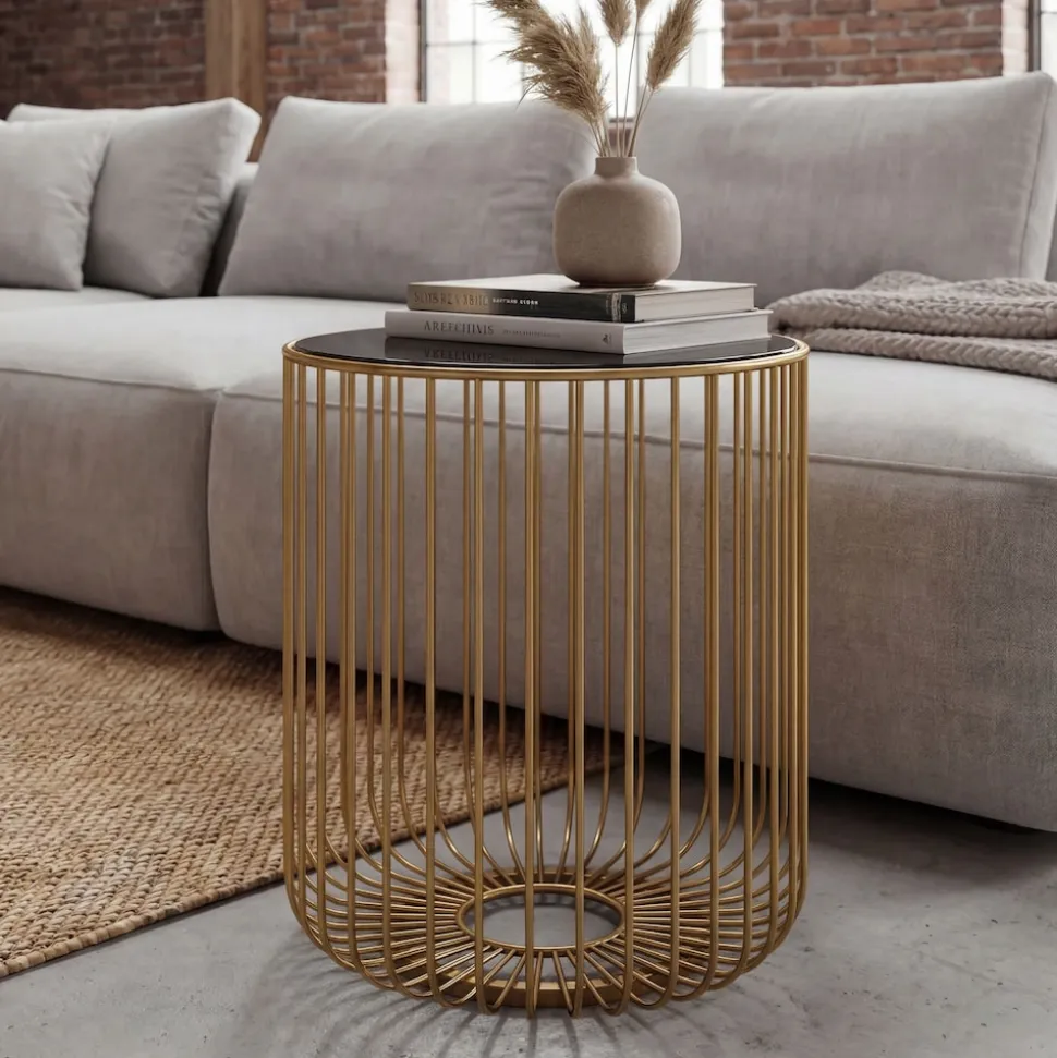 Beistelltisch 40cm Sofatisch Metall Glas Wohnzimmertisch Couchtisch Rund Gold