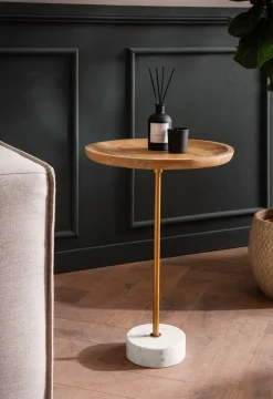 Beistelltisch FineBuy Anstelltisch Massivholz Marmor Ø 40 cm Wohnzimmertisch