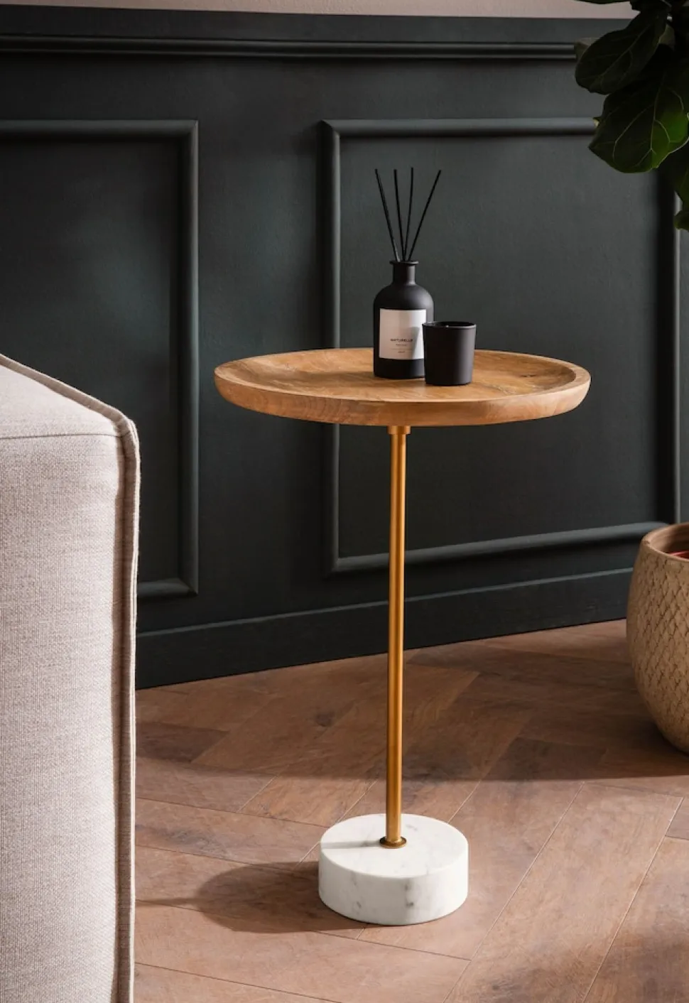 Beistelltisch FineBuy Anstelltisch Massivholz Marmor Ø 40 cm Wohnzimmertisch