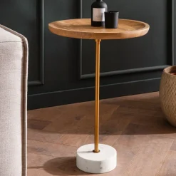 Beistelltisch FineBuy Anstelltisch Massivholz Marmor Ø 40 cm Wohnzimmertisch