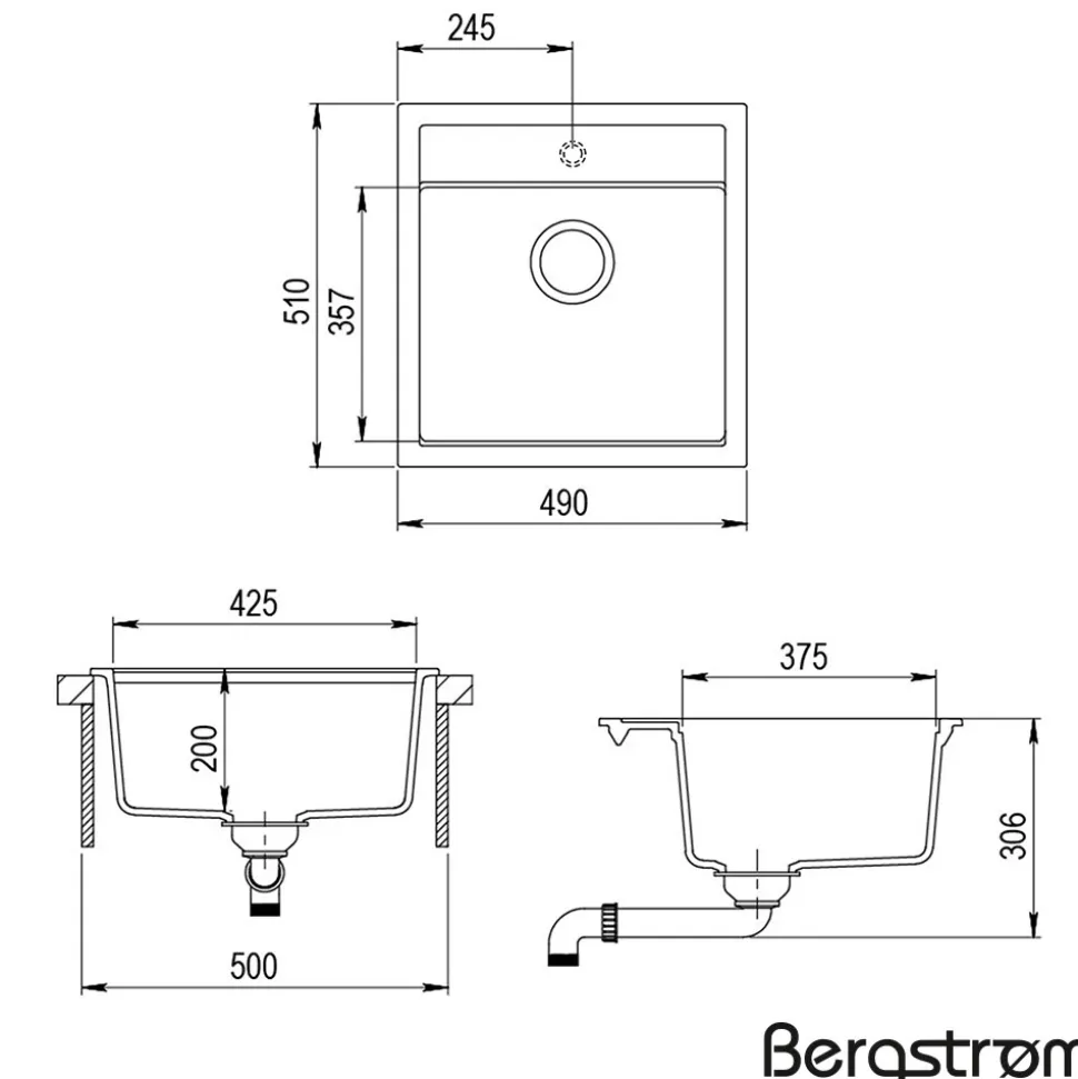 Bergström Granit Spüle Küchenspüle Einbauspüle Spülbecken 490x500mm Weiß