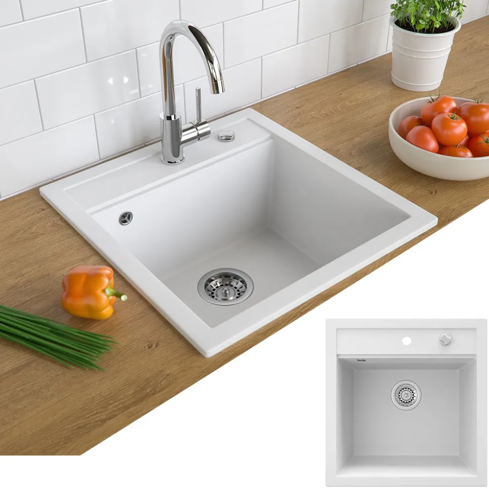 Bergström Granit Spüle Küchenspüle Einbauspüle Spülbecken 490x500mm Weiß