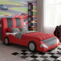 Bett MCW-E14, Auto Junge Kinderbett Jugendbett, Lattenrost Kunstleder Holz 190x100cm ~ schwarz-rot