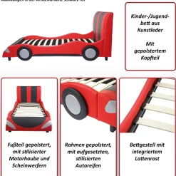 Bett MCW-E14, Auto Junge Kinderbett Jugendbett, Lattenrost Kunstleder Holz 190x100cm ~ schwarz-rot