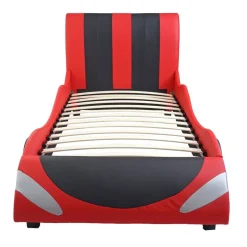 Bett MCW-E14, Auto Junge Kinderbett Jugendbett, Lattenrost Kunstleder Holz 190x100cm ~ schwarz-rot