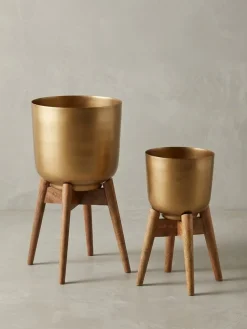 Blumentopf 2er Set Metall und Massivholz Rund mit Füßen in Gold