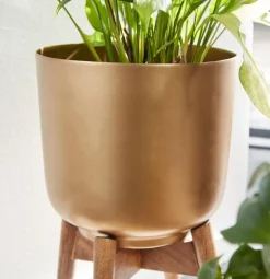 Blumentopf 2er Set Metall und Massivholz Rund mit Füßen in Gold