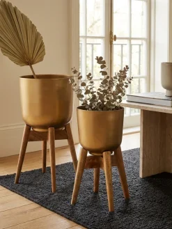 Blumentopf 2er Set Metall und Massivholz Rund mit Füßen in Gold
