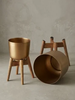 Blumentopf 2er Set Metall und Massivholz Rund mit Füßen in Gold