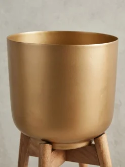 Blumentopf 2er Set Metall und Massivholz Rund mit Füßen in Gold