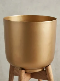 Blumentopf 2er Set Metall und Massivholz Rund mit Füßen in Gold