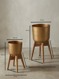 Blumentopf 2er Set Metall und Massivholz Rund mit Füßen in Gold