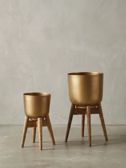 Blumentopf 2er Set Metall und Massivholz Rund mit Füßen in Gold