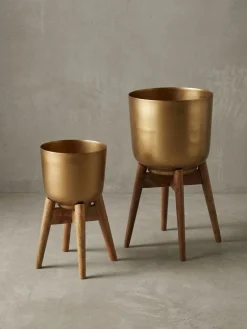 Blumentopf 2er Set Metall und Massivholz Rund mit Füßen in Gold