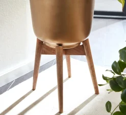 Blumentopf FineBuy Pflanzenkübel 2er Set Metall Holz Gold Rund Pflanzgefäß