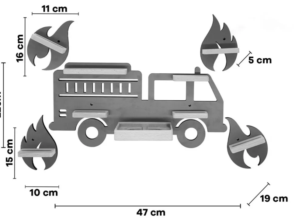 BOARTI Kinderregal Auto Feuerwehr | hängend für Toniebox und Tonie Figuren | platzsparendes Regal | H. 22 x B. 47 x T. 19 | Wandregal Musikbox Figuren Aufbewahrung Magneteinsätzen | Aufbewahrungsregal Holz