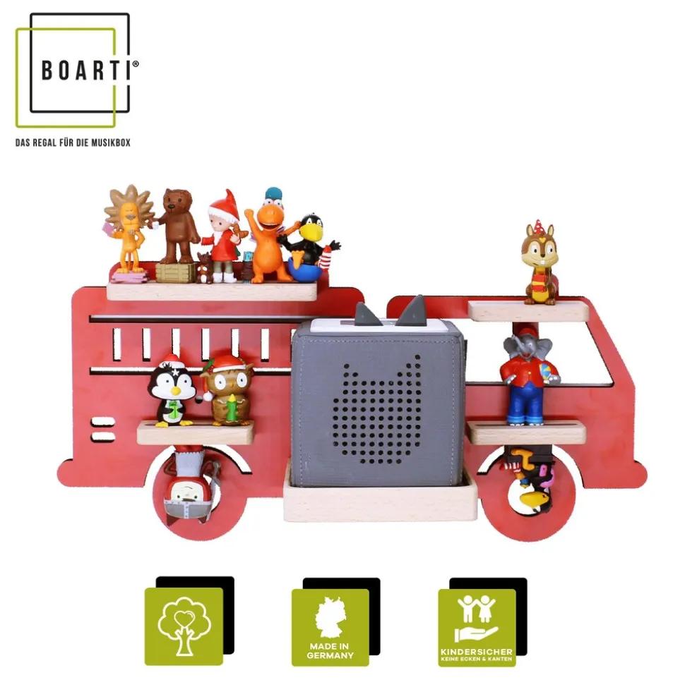 BOARTI Kinderregal Auto Feuerwehr | hängend für Toniebox und Tonie Figuren | platzsparendes Regal | H. 22 x B. 47 x T. 19 | Wandregal Musikbox Figuren Aufbewahrung Magneteinsätzen | Aufbewahrungsregal Holz