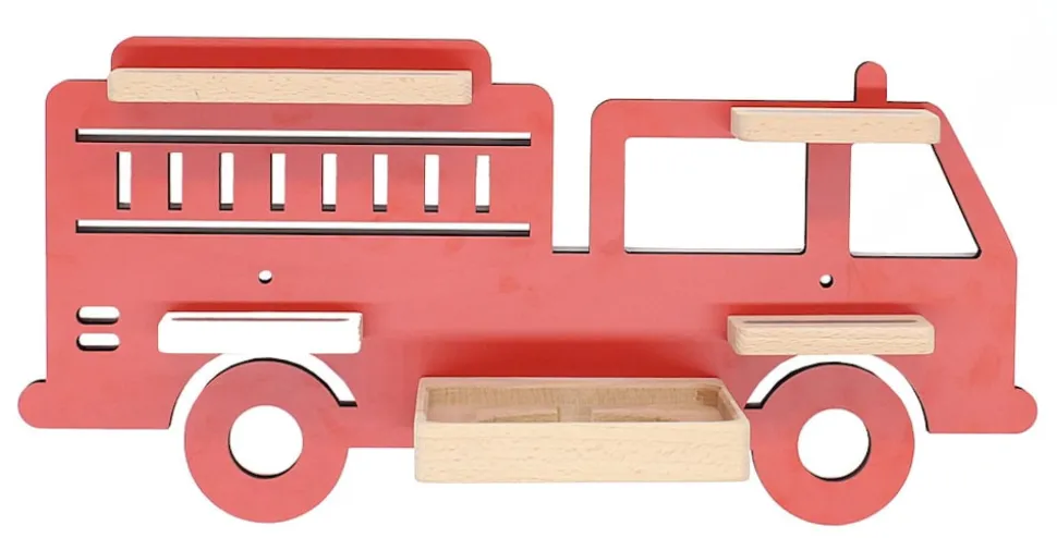 BOARTI Kinderregal Auto Feuerwehr | hängend für Toniebox und Tonie Figuren | platzsparendes Regal | H. 22 x B. 47 x T. 19 | Wandregal Musikbox Figuren Aufbewahrung Magneteinsätzen | Aufbewahrungsregal Holz