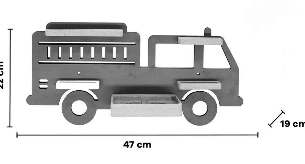 BOARTI Kinderregal Auto Feuerwehr | hängend für Toniebox und Tonie Figuren | platzsparendes Regal | H. 22 x B. 47 x T. 19 | Wandregal Musikbox Figuren Aufbewahrung Magneteinsätzen | Aufbewahrungsregal Holz