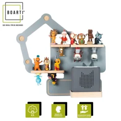 BOARTI Kinderregal Bagger | hängend für Toniebox und Tonie Figuren | platzsparendes Regal | H. 39 x B. 44 x T. 19 | Wandregal Musikbox Figuren Aufbewahrung Magneteinsätzen | Aufbewahrungsregal Baustelle Holz