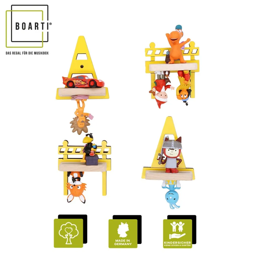BOARTI Kinderregal Baustelle | hängend für Toniebox und Tonie Figuren | platzsparendes Regal | H. 22 x B. 25 x T. 19 cm | Wandregal Musikbox und Figuren Aufbewahrung Magneteinsätzen | Aufbewahrungsregal Holz