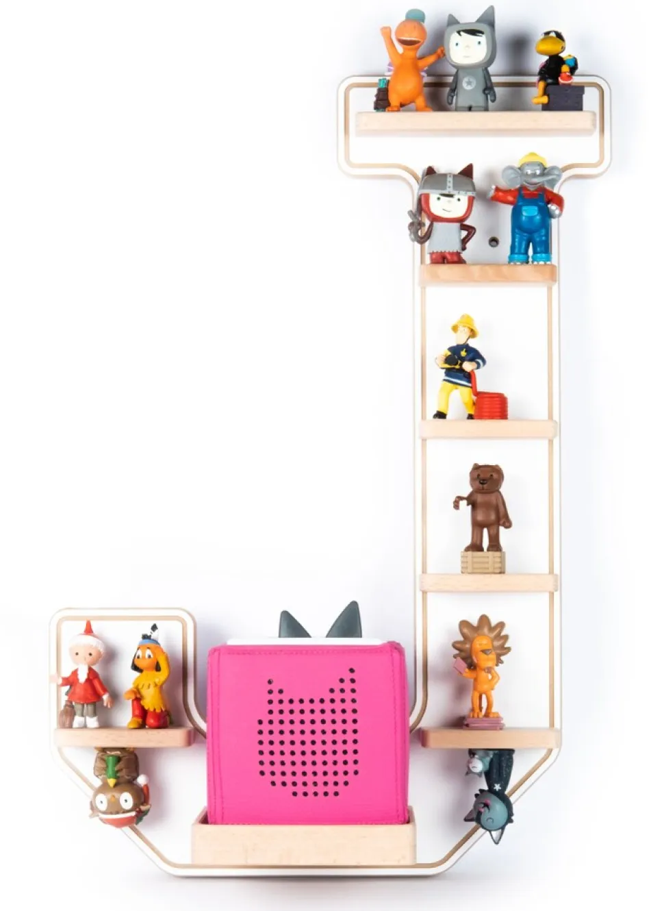 BOARTI Kinderregal Buchstabe J | hängend für Toniebox und Tonie Figuren | platzsparendes Regal | H. 54 x B. 37 x T. 19 | Wandregal Musikbox und Figuren Aufbewahrung Magneteinsätzen | Aufbewahrungsregal Holz