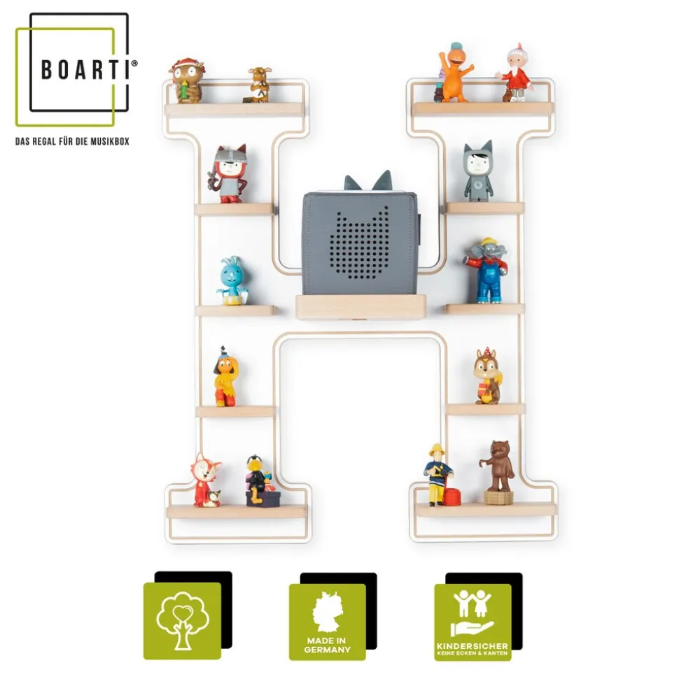BOARTI Kinderregal Buchstabe H | hängend für Toniebox und Tonie Figuren | platzsparendes Regal | H. 54 x B. 46 x T. 19 cm | Wandregal Musikbox Figuren Aufbewahrung Magneteinsätzen | Aufbewahrungsregal Holz