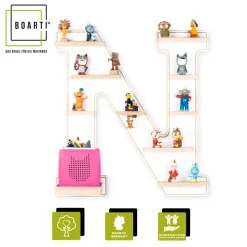 BOARTI Kinderregal Buchstabe N | hängend für Toniebox und Tonie Figuren | platzsparendes Regal | H. 54 x B. 50 x T. 19 | Wandregal Musikbox und Figuren Aufbewahrung Magneteinsätzen | Aufbewahrungsregal Holz