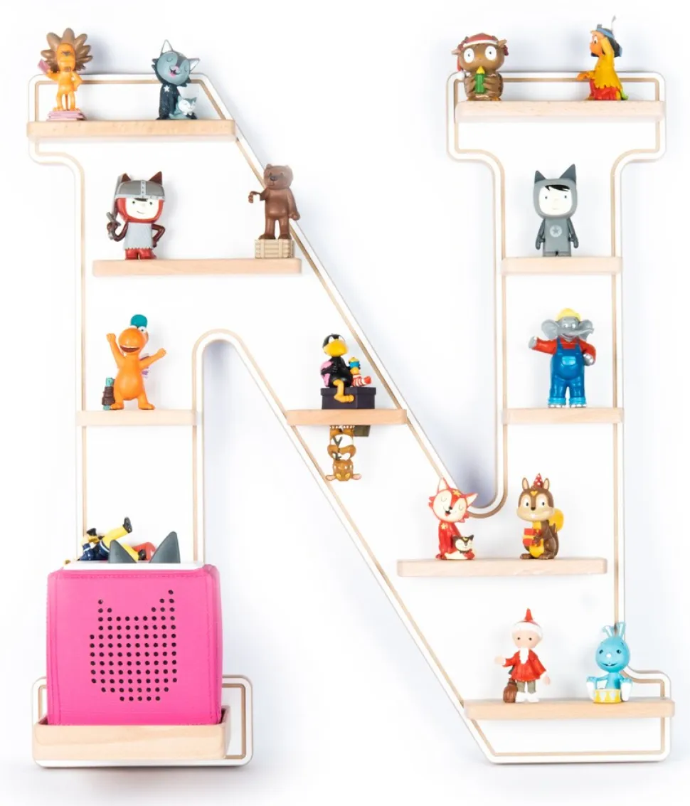 BOARTI Kinderregal Buchstabe N | hängend für Toniebox und Tonie Figuren | platzsparendes Regal | H. 54 x B. 50 x T. 19 | Wandregal Musikbox und Figuren Aufbewahrung Magneteinsätzen | Aufbewahrungsregal Holz