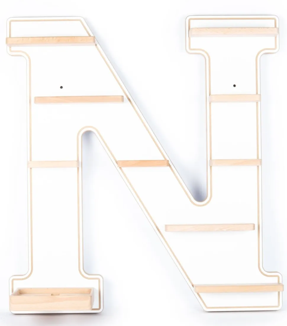 BOARTI Kinderregal Buchstabe N | hängend für Toniebox und Tonie Figuren | platzsparendes Regal | H. 54 x B. 50 x T. 19 | Wandregal Musikbox und Figuren Aufbewahrung Magneteinsätzen | Aufbewahrungsregal Holz