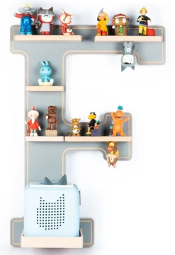 BOARTI Kinderregal Buchstabe F | hängend für Toniebox und Tonie Figuren | platzsparendes Regal | H. 54 x B. 38 x T. 19 | Wandregal Musikbox Figuren Aufbewahrung mit Magneteinsätzen | Aufbewahrungsregal Holz