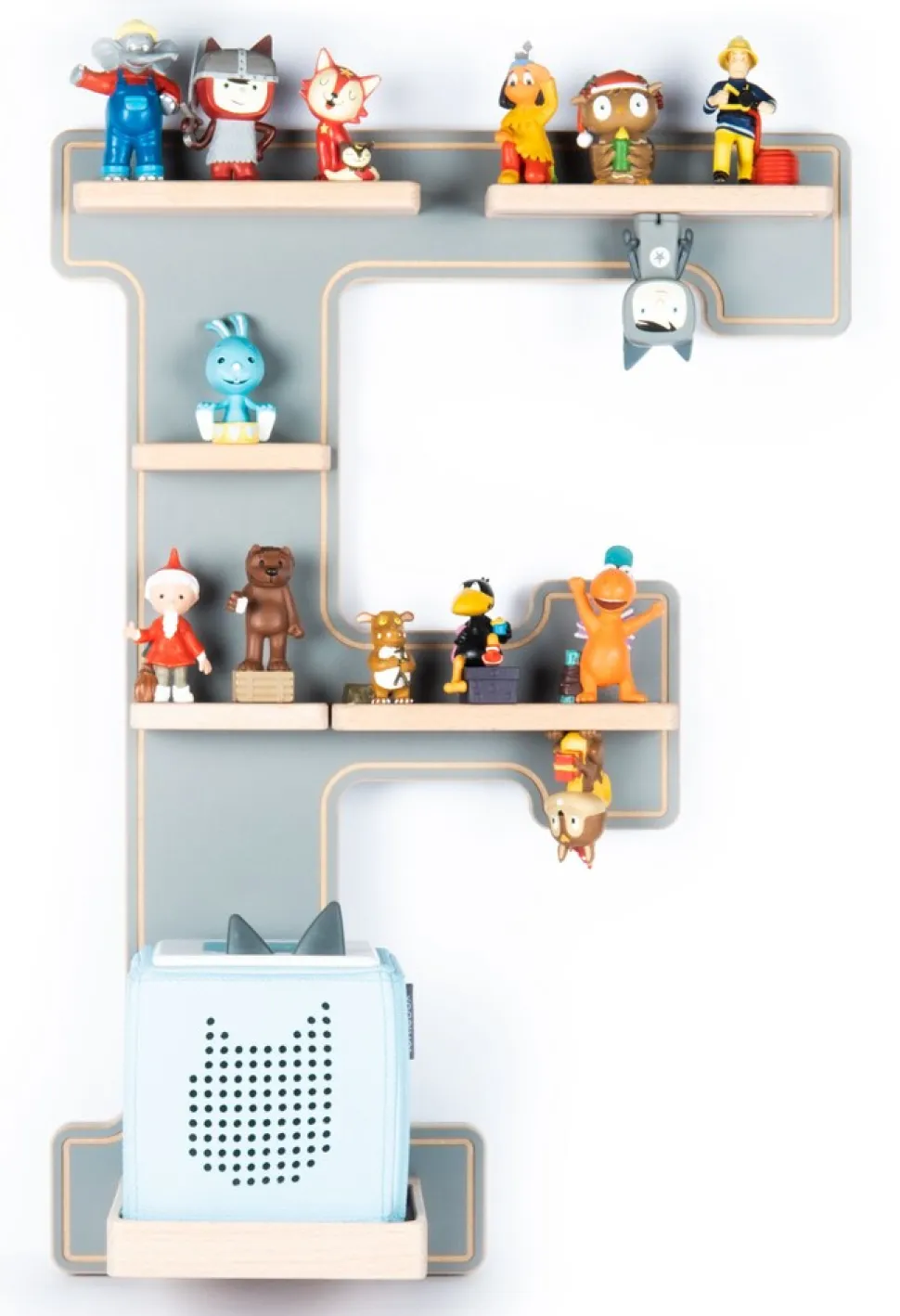 BOARTI Kinderregal Buchstabe F | hängend für Toniebox und Tonie Figuren | platzsparendes Regal | H. 54 x B. 38 x T. 19 | Wandregal Musikbox Figuren Aufbewahrung mit Magneteinsätzen | Aufbewahrungsregal Holz