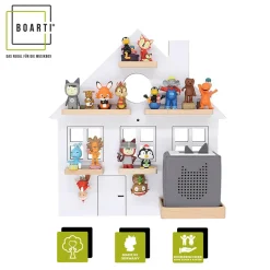 BOARTI Kinderregal Haus | hängend für Toniebox und Tonie Figuren | platzsparendes Regal | H. 44 x B. 42 x T. 19 cm | Wandregal für Musikbox und Figuren Aufbewahrung Magneteinsätzen | Aufbewahrungsregal Holz