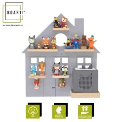 BOARTI Kinderregal Haus | hängend für Toniebox und Tonie Figuren | platzsparendes Regal | H. 44 x B. 42 x T. 19 cm | Wandregal für Musikbox und Figuren Aufbewahrung Magneteinsätzen | Aufbewahrungsregal Holz