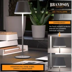 Brandson LED Tischleuchte mit Akku, Kabellos, mit Touch, Helligkeit stufenlos dimmbar, aus Metal, Dimmfunktion; Ein-/Ausschalter; Farbwechsel; mehrere Helligkeitsstufen, LED fest integriert, Kaltweiß, Neutralweiß, Warmweiß, Tischlampe, Nachttischlampe, Les
